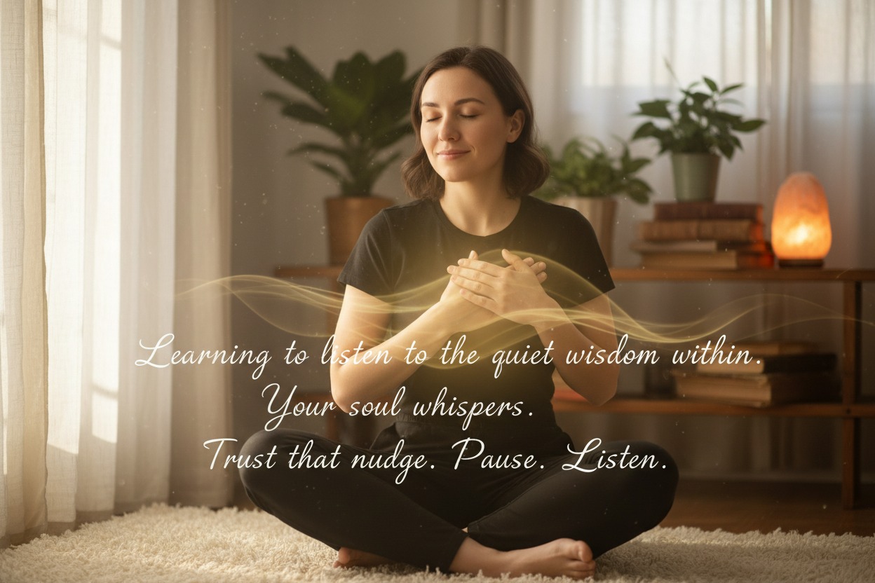 A woman sits cross-legged on a rug with her eyes closed and hands over her heart, surrounded by a soft golden glow and the text, "Learning to listen to the quiet wisdom within. Your soul whispers. Trust that nudge. Pause. Listen."