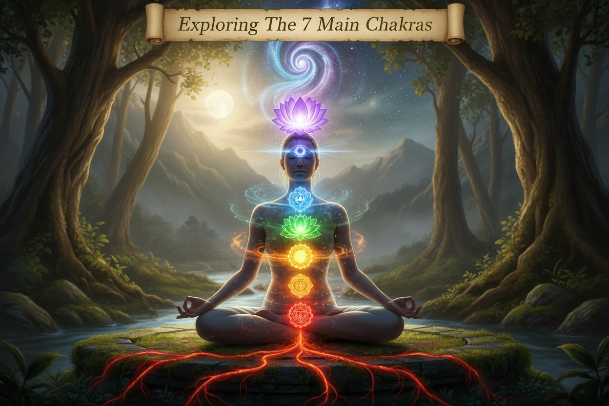 A person meditates in a forest clearing with glowing, colorful chakra symbols aligned along their spine and a scroll at the top reading "Exploring The 7 Main Chakras."